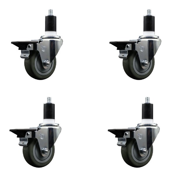 3.5'' Gray Poly Swivel 1-1/2'' Expanding Stem Caster Set with Brake, 4PK